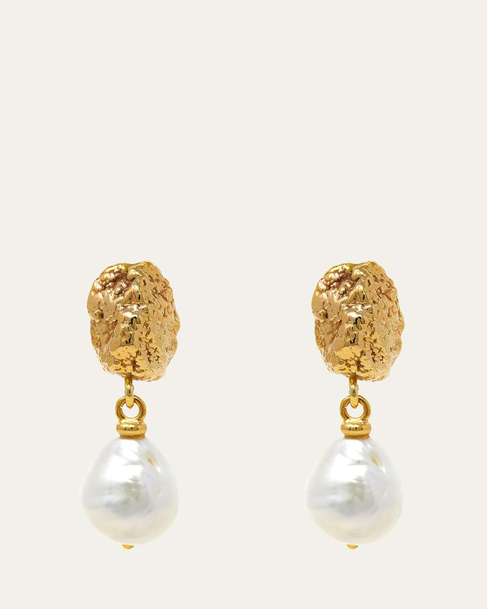 Yellow Gold Nugget and Freshwater Pearl Drop Earrings